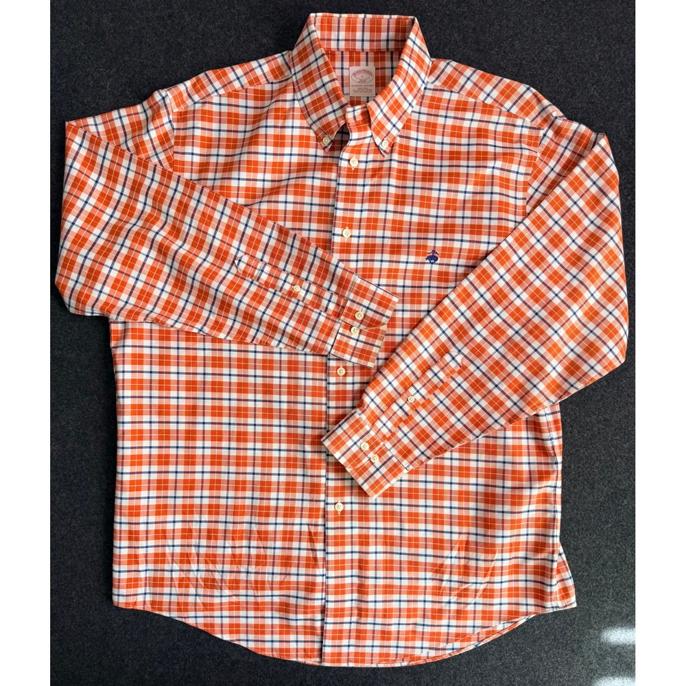 Brooks Brothers Logo Shirt Mens Large Orange Plaid Supima Cotton Button Down
